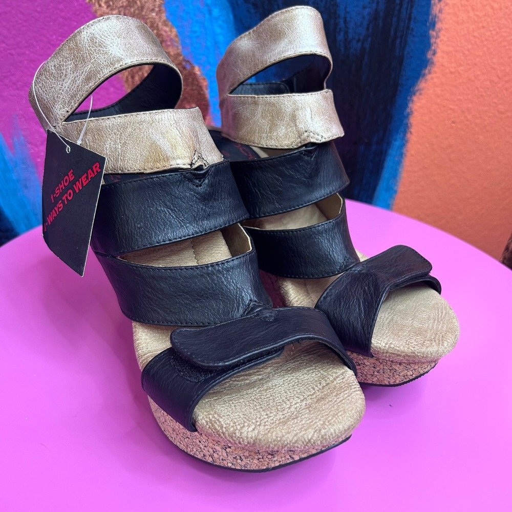 Modzori Womens 8 Wedge Sandals Black Gold Reversible Multi-Way NWT